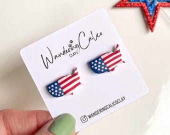 USA Flag 4th ok July Earrings, America Patriotic Earrings, Independence Day Earrings, 4th Of July Clay Jewelry, Red White Blue Earrings
