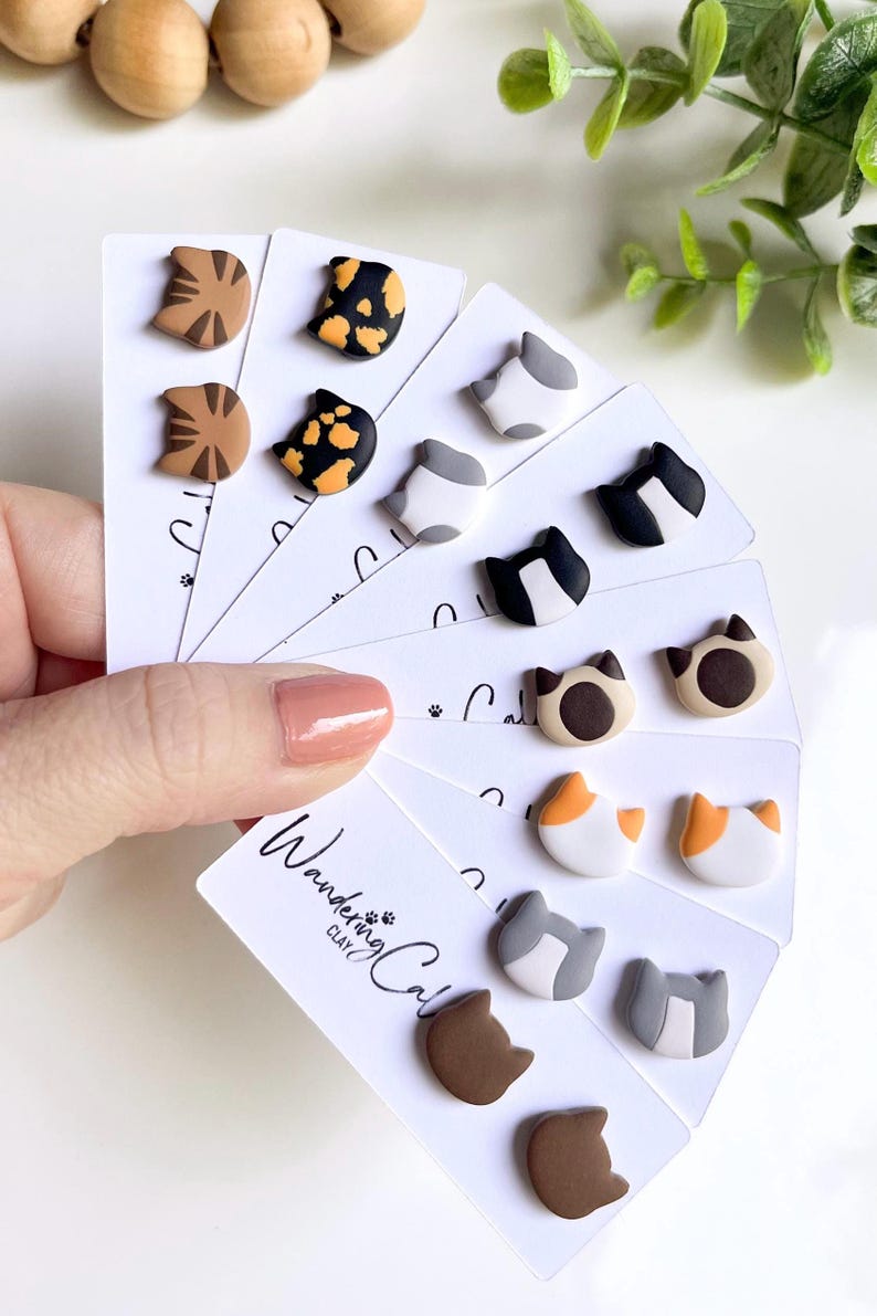 Cat Stud Earrings, Polymer Clay Cat Jewelry, Cat Lover Gift, Cat Mom Gifts, Veterinarian Gifts, Tiny Animal Earrings, Black Cat Earrings image 4