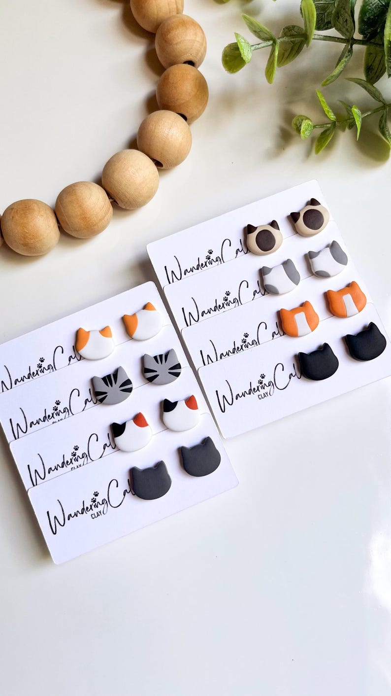 Cat Stud Earrings, Polymer Clay Cat Jewelry, Cat Lover Gift, Cat Mom Gifts, Veterinarian Gifts, Tiny Animal Earrings, Black Cat Earrings image 8