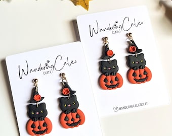 Spooky Black Cat Pumpkin Earrings, Handmade Halloween Jack O Lantern Earrings For Fall, Perfect Cat Lover Gift, Unique Cat Halloween Jewelry