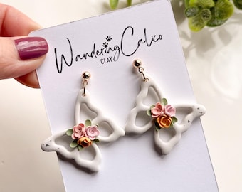 Spring Floral Butterfly Earrings, Unique Handmade Springtime Earrings, Butterfly Lover Gift, Butterfly Summer Clay Jewelry, Nature Jewelry
