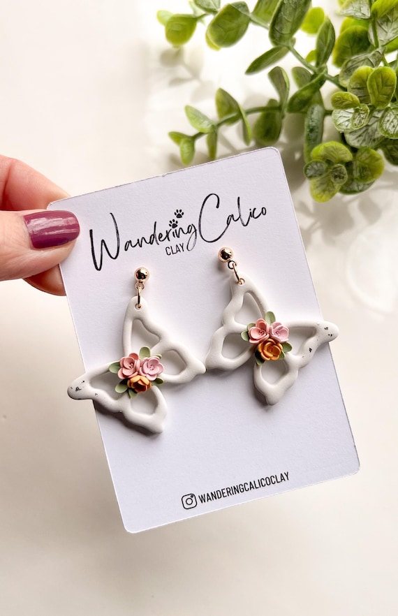 Spring Floral Butterfly Earrings, Unique Handmade Springtime