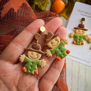 Festive Fall Scarecrow Earrings, Harvest Season Jewelry, Unique Halloween Earrings, Handmade Thanksgiving Gifts, Scarecrow Fall Earrings