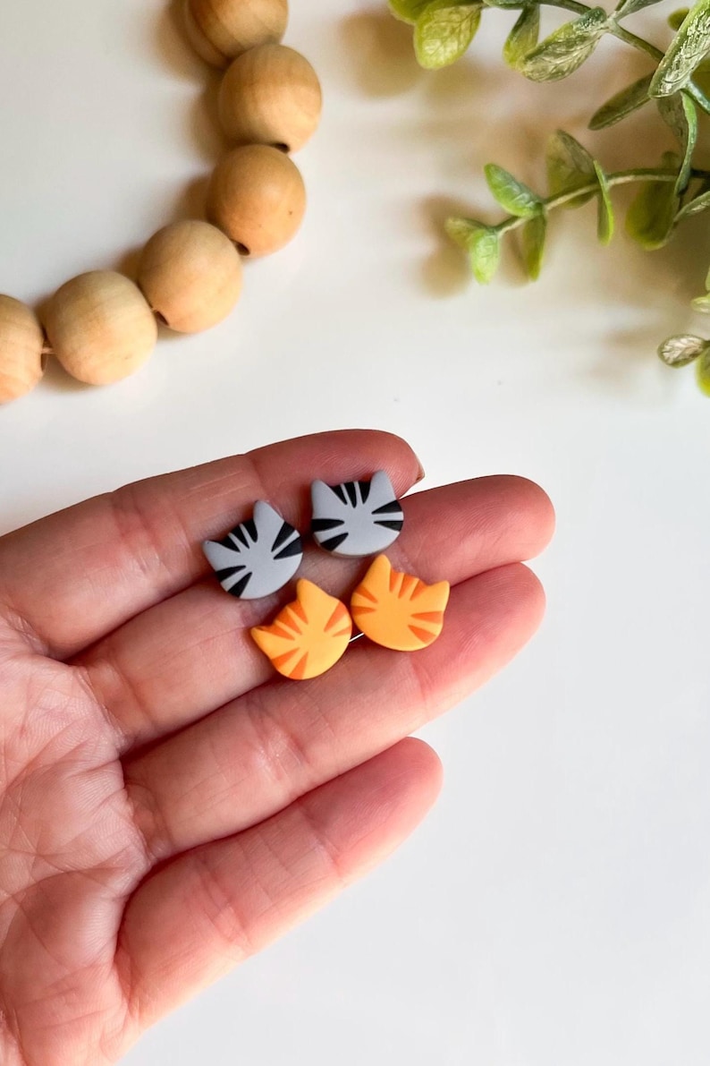 Cat Stud Earrings, Polymer Clay Cat Jewelry, Cat Lover Gift, Cat Mom Gifts, Veterinarian Gifts, Tiny Animal Earrings, Black Cat Earrings image 6