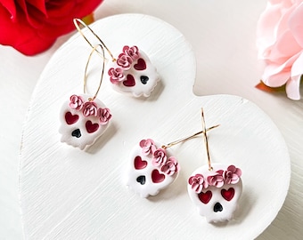 Floral Skull Valentine's Day Hoop Earrings, Polymer Clay Love Earrings, Skull and Roses Jewelry for V-Day, Unique Skull Love Jewelry