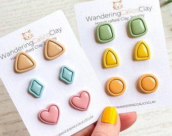 Minimalist Geometric Earrings, Polymer Clay Everyday Studs, Handmade Clay Jewelry, Stud Earring Set, Gift for Women