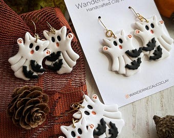 Halloween Ghost Cat Earrings, Fall Clay Jewelry, Spooky Cat Earrings, Unique Handmade Cat Gift, Halloween Gift Ideas, Trendy Earrings