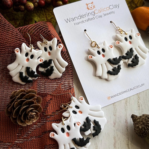 Örhängen med Halloween-spökkatt, höstlersmycken, läskiga kattörhängen, unik handgjord kattpresent, presentidéer för Halloween, trendiga örhängen