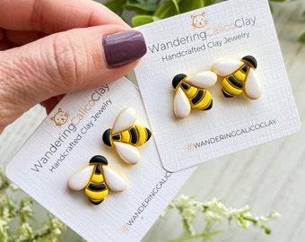 Polymer Clay Bee Earrings, Bumble Bee Earrings, Honey Bee Jewelry, Spring Season Earrings, Nature Inspired Gift, Handmade Bee Earrings
