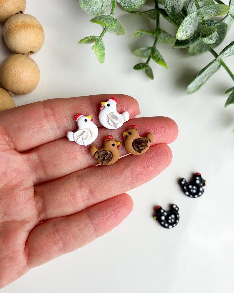 Handmade Polymer Clay Chicken Earrings, Farm Animal Jewelry, Spring Summer Style image 3