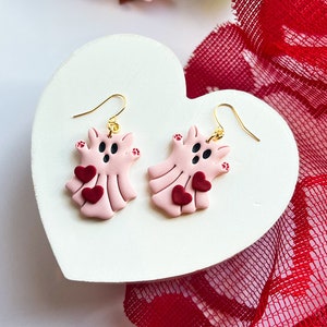 Valentine&#39;s Day Cat Ghost Earrings, Love Theme Jewelry, Spooky Cat Earrings, Heart Ghost Cat Earrings, Vday Cat Earrings, Gifts For Friend