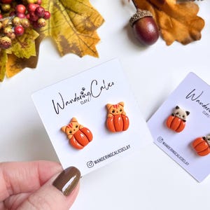 May include: Orange and tan cat-shaped earrings on white cards. The earrings are shaped like pumpkins with cat faces. The cards have the text "Wandering Calico Clay" and an Instagram handle. Autumn leaves and acorns are in the background.