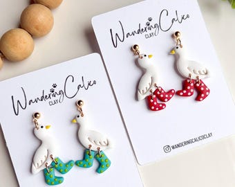 Handgemaakte oorbellen gans met regenlaarzen, lente/zomer sieraden van polymeerklei, cadeaus voor boeren