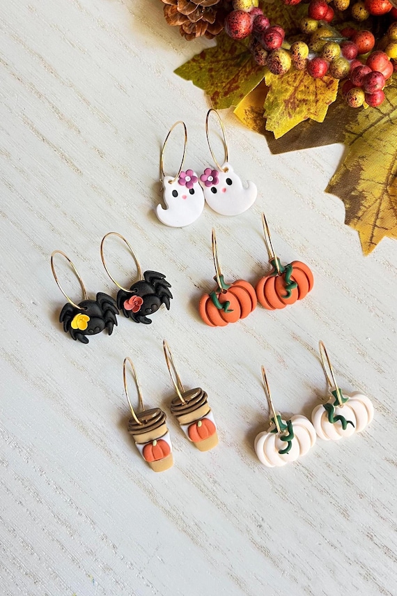 Halloween Hoop Earrings, Bat Earrings, Pumpkin Spice Latte Earrings, Cat Ghost Earrings, Spider Earrings, Halloween Fall Jewelry