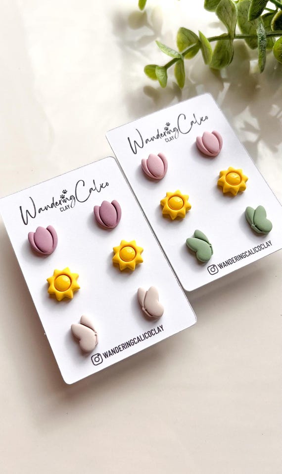 Spring Stud Earring Set, Spring Clay Jewelry, Unique Handmade Gift, Floral Garden Butterfly Earrings, Tulip Flower Lover Gifts
