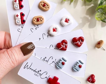Nurse Stud Earring Set, Nurse Appreciation Week Gift, Handmade Healthcare Gift, ICU Nurse Clay Earrings, Unique Doctor Gifts, Hospital Gifts