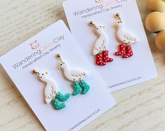 Goose With Rain Boots Earrings, Spring Summer Earrings, Animal Lover Gift, Duck Earrings, Unique Animal Jewelry, Gift For Veterinarian