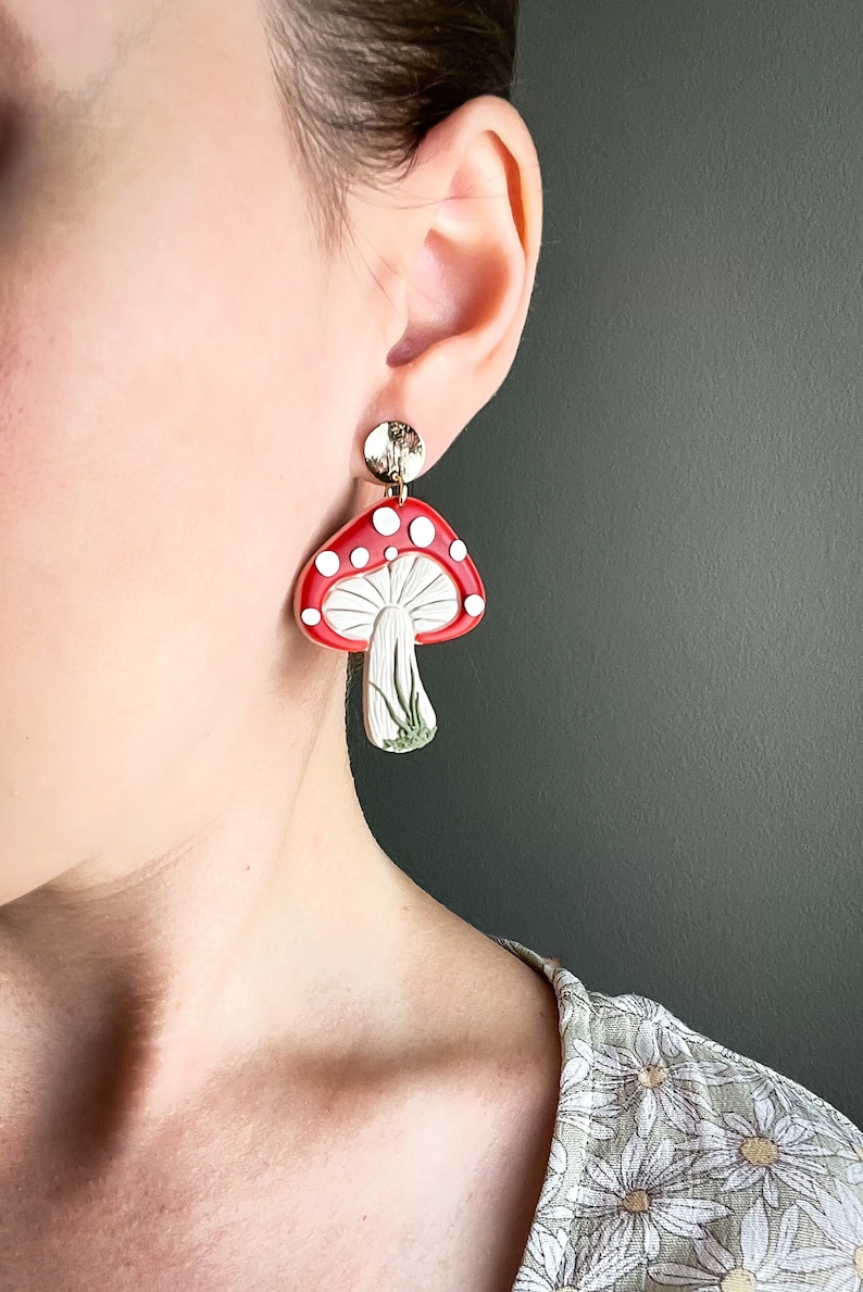 Polymer Clay Mushroom Earrings, Mushroom Jewelry, Plant Theme Earrings, Nature Inspired Earrings, Mushroom Lover Gift, Statement Earrings image 5