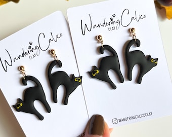 Halloween Scaredy Cat Earrings, Spooky Black Cat Jewelry, Cat Lover Gift, Unique Cat Mom Gift, Handmade Halloween Jewelry, Cat Clay Earrings