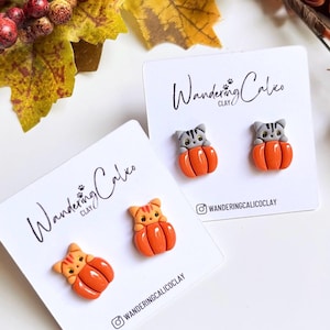 May include: Handmade cat-shaped earrings in orange and gray, nestled in orange pumpkins. The earrings are displayed on white cards with the text "Wandering Calico Clay" and an Instagram handle. Autumn-themed jewelry.
