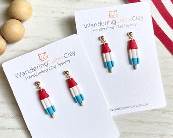4th Of July Firecracker Popsicle Earrings, Bomb Pop Earrings, Rocket Pop Patriotic Jewelry, Independence Day Red, White, and Blue Earrings