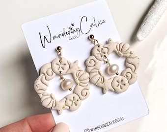 Seashell Wreath Earrings: Polymer Clay Coastal Jewelry, 18k Gold Plated