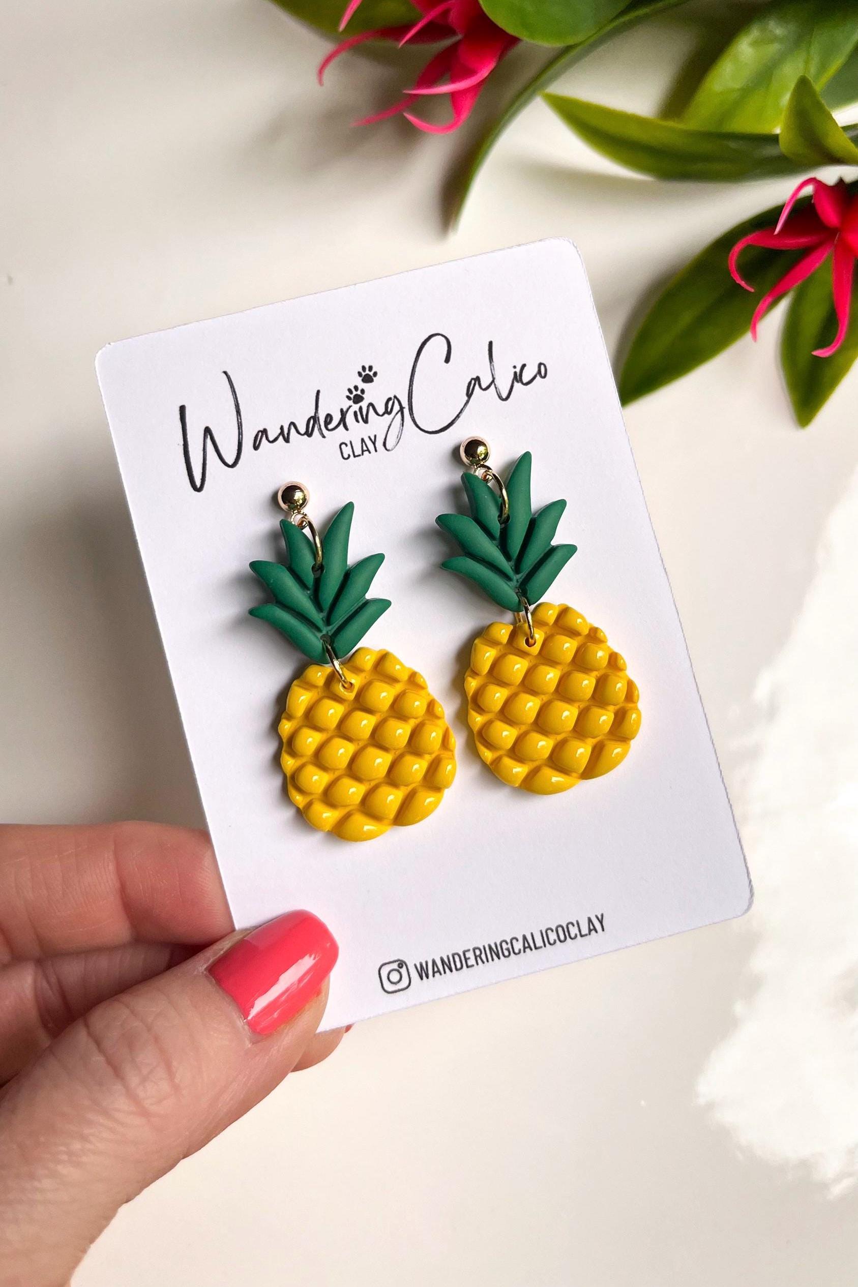 Pineapple Clay Earrings, Polymer Clay Fruit Earrings, Spring Summer Food Earrings, Handmade Fruit Jewelry, Cute Gifts For Gardeners