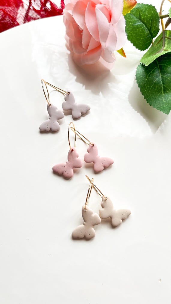 Polymer Clay Butterfly Hoop Earrings, Summer Spring Earrings, Nature Butterfly Lover Gift, Handmade Butterfly Jewelry, Gift For Girlfriend