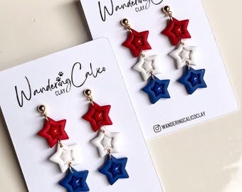 4th Of July Star Earrings, Patriotic America Earrings, USA Independence Day Red White And Blue Stacked Star Earrings, Memorial Day Jewelry