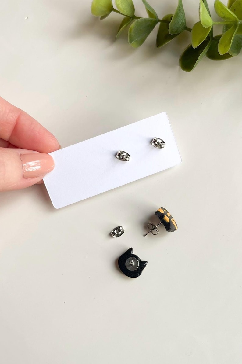 Cat Stud Earrings, Polymer Clay Cat Jewelry, Cat Lover Gift, Cat Mom Gifts, Veterinarian Gifts, Tiny Animal Earrings, Black Cat Earrings image 11