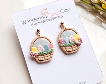 Easter Eggs Basket Polymer Clay Earrings, Springtime Earrings, Unique Handmade Spring Jewelry, Cute Easter Jewelry For Her, Bunny Earrings