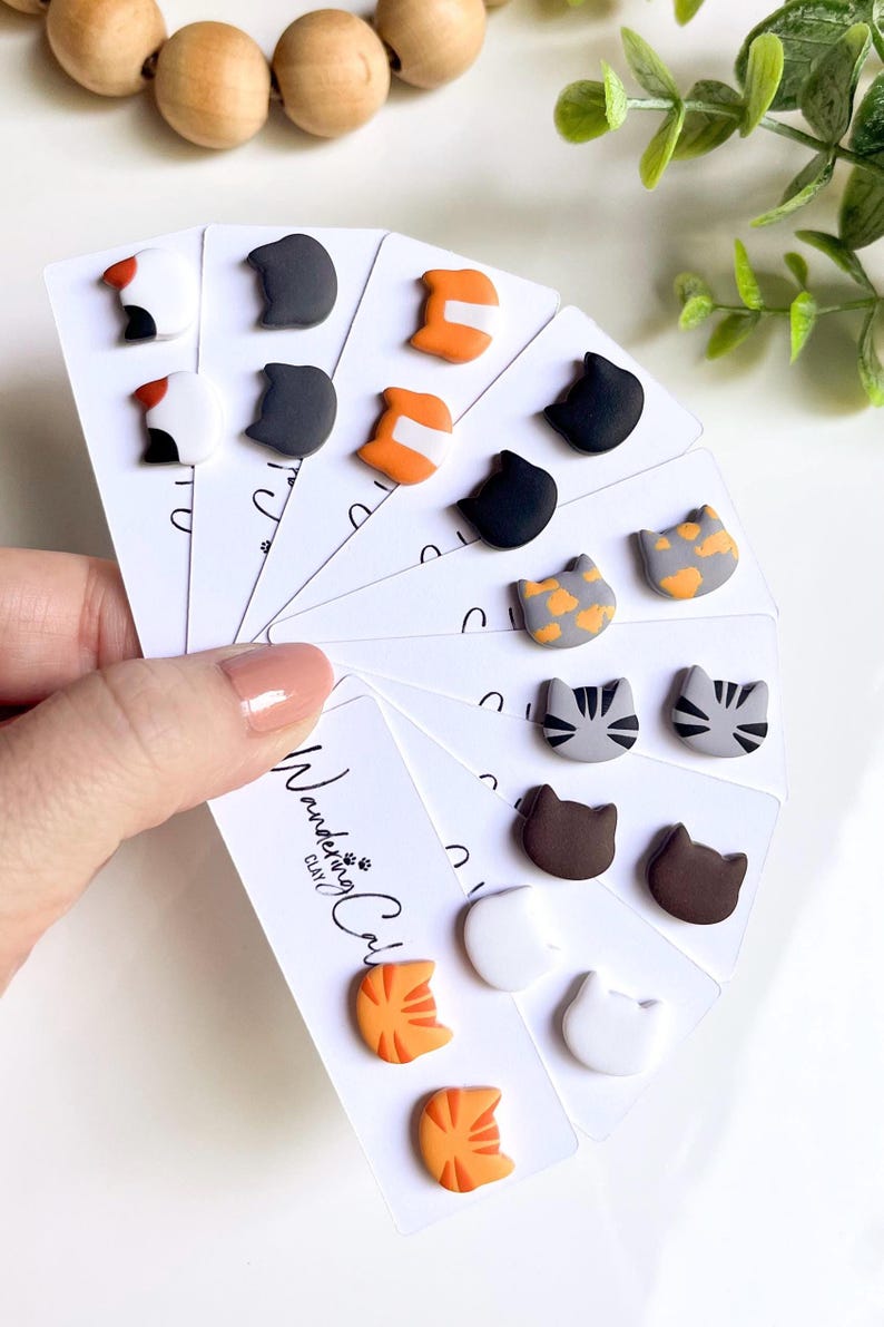 Cat Stud Earrings, Polymer Clay Cat Jewelry, Cat Lover Gift, Cat Mom Gifts, Veterinarian Gifts, Tiny Animal Earrings, Black Cat Earrings image 7