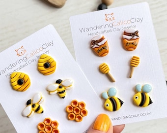 Bee Stud Earring Set, Polymer Clay Honey Bee Earrings, Spring Bee Jewelry, Insect Clay Earrings, Bee Lover Gifts, Spring Studs