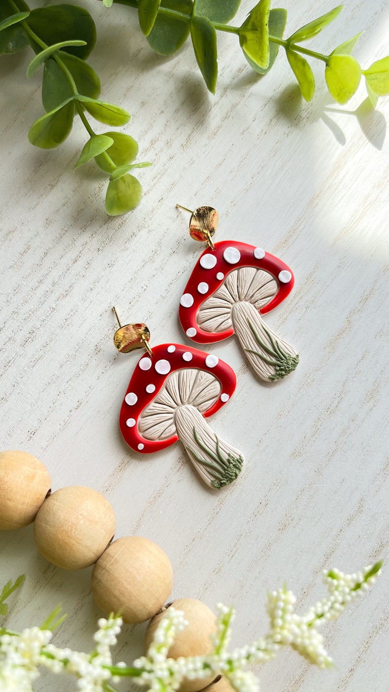 Polymer Clay Mushroom Earrings, Mushroom Jewelry, Plant Theme Earrings, Nature Inspired Earrings, Mushroom Lover Gift, Statement Earrings image 1