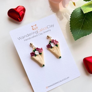 Flower Bouquet Earrings, Polymer Clay Valentine&#39;s Day Floral Earrings, Unique Handmade Gifts, Gift For Girlfriend, Flower Nature Lover Gift