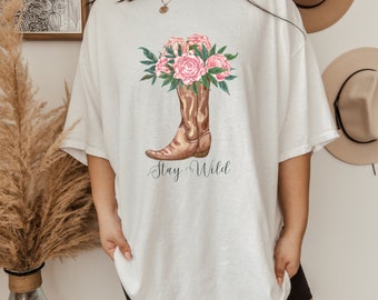 Roses in Boots T-Shirt, Floral Western Shirt, Costal Cowgirl Style, Western Apparel, Stay Wild Tee, Boots and Flowers T-Shirt, Gifts for Her