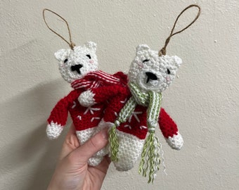 Christmas Sweater Polar Bear Ornament - Crochet Holiday Decoration