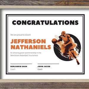 Basketball Certificate, Basketball Award Template, Editable Basketball Certificate, Digital Download Basketball Award, Sports Award Ceremony