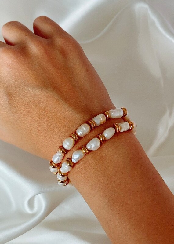 Set Braccialetti Impilabili Con Perline Oro E Perle Finta - Gioielli Elasticizzati A Strati Per Donna, Bracciale Tubo Elegante