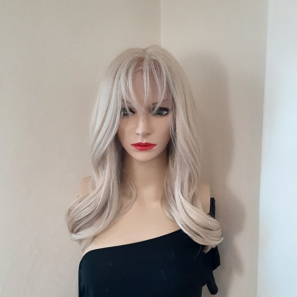 Light blonde wispy bangs wig,  human hair blend lace front wig 16''