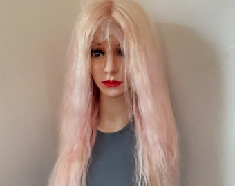 Peluca 100% cabello humano rubio y rosa 20'' ondulado 13x4