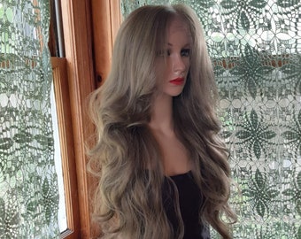 Wig Light ash Brown human hair blend  free part pre plucked curly