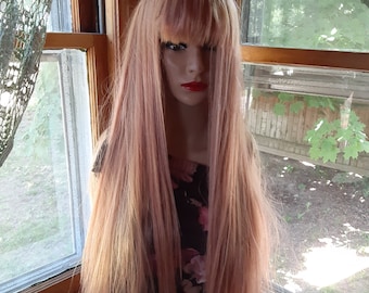 Rose pink wig with bangs straight 28''