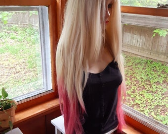 Perücke aus Echthaarmischung in Blond und Rosa mit Spitzenfront