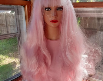 Pink human hair blend lace front wig with bangs
