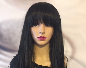 Black Wig with Bangs heat ok and human mix.