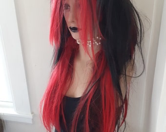 Black & Red Long EMO Wig Gothic, Wig Human Hair Mix - Etsy  display picture 3