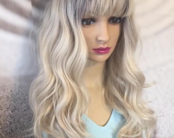 Blonde wig with bangs and roots. Wavy blonde wig.