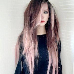 Peruk gotisk, peruk äkta hår blandning svart brun och rosa emo peruk