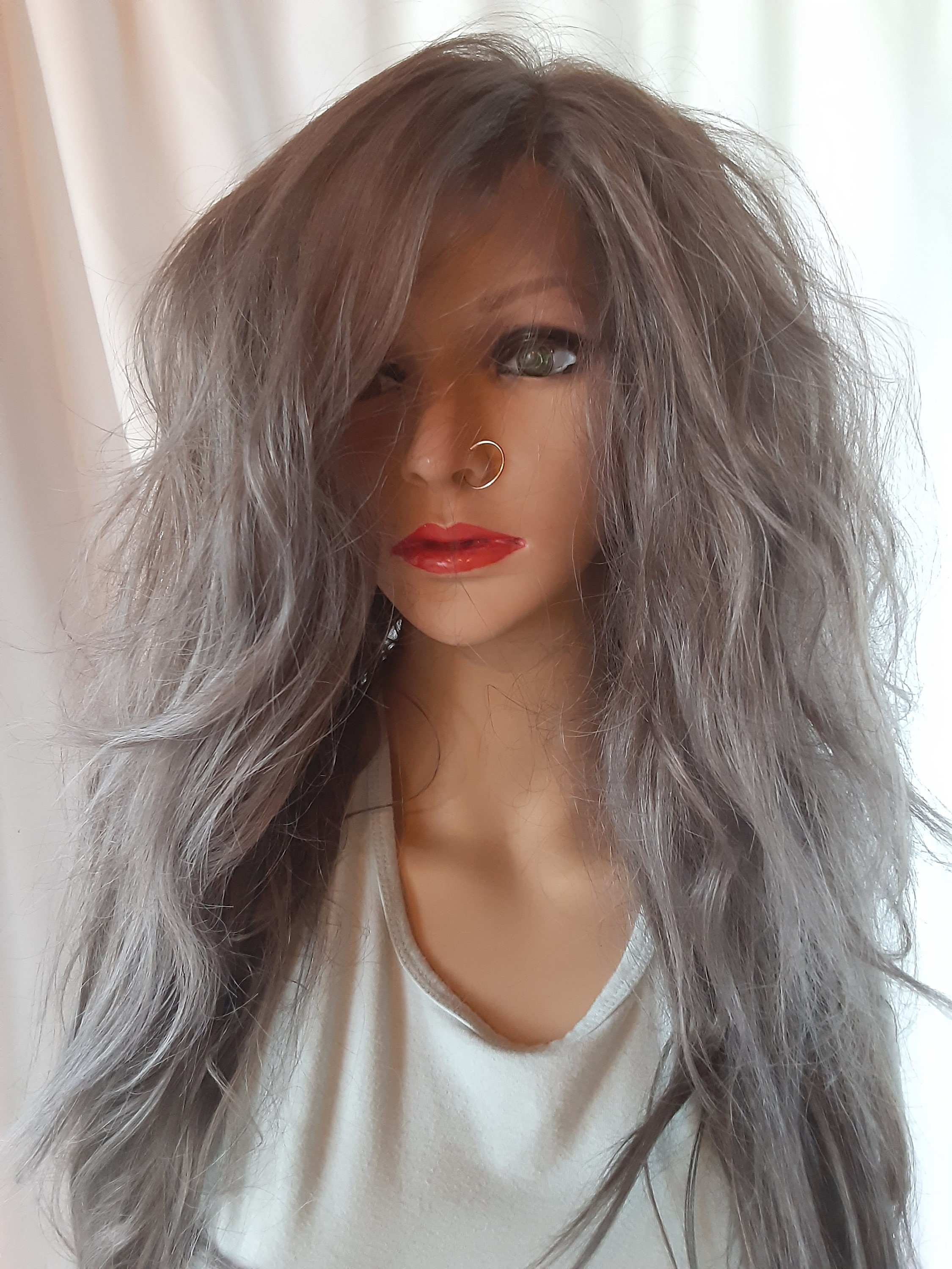 Gothic bat emo wig  Gray and brown mix. 22\'\' Lace front. Gothic Bat Nest Wig. With Bangs Mixed With Human Hair. Emo  main image 4